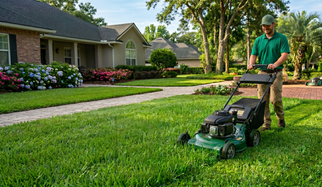 A lawn care professional pushing a mower on a lush, healthy green lawn, demonstrating proper high mowing technique.