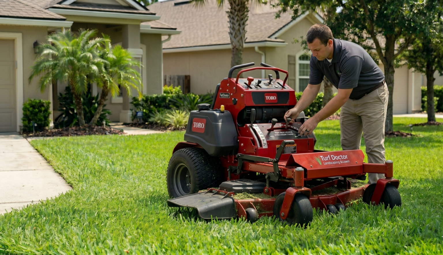 A Turf Doctor Landscaping crew member in a grey uniform shirt adjusts a red Toro stand-on lawn mower on a lush, green St. Augustine lawn in a Florida residential neighborhood.